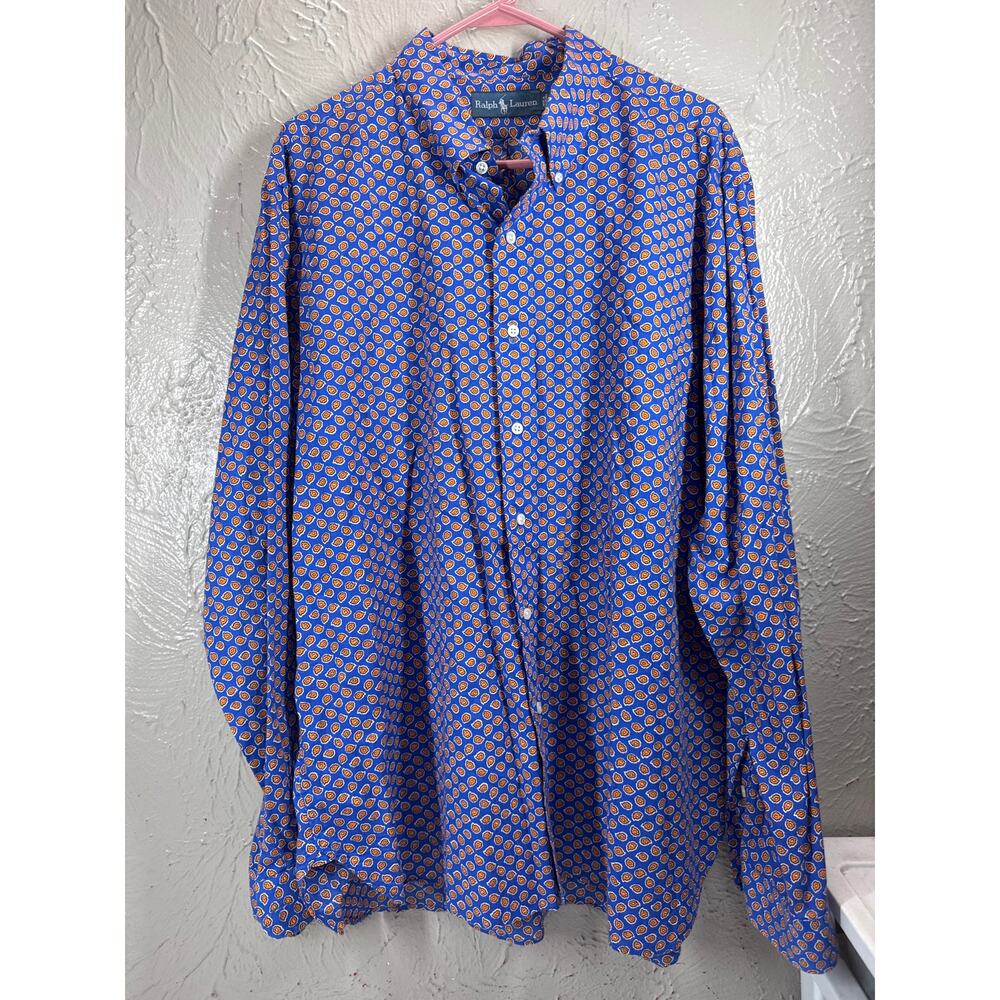 Ralph Lauren Shirt Mens Blue Long Sleeve Button Down Orange Flower Pattern XXL